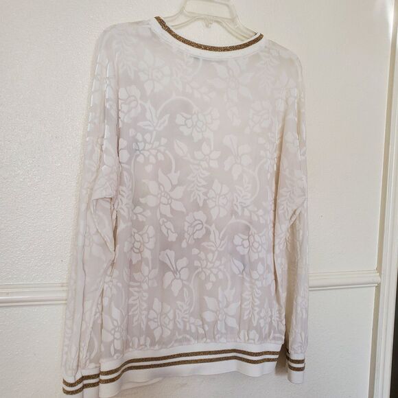 Desigual Women's XL Off-White Burnout Velvet Floral Sheer Top Gold Trim Pullover - Picture 11 of 15